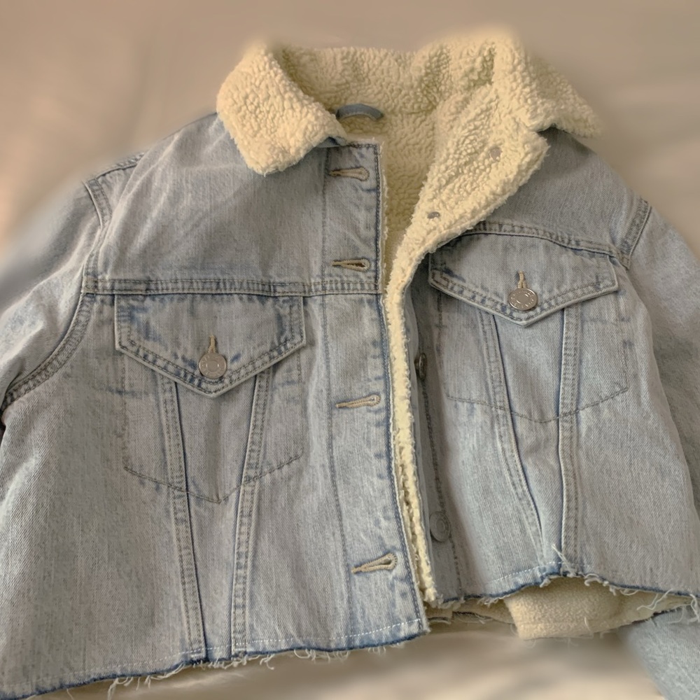 Garage Cropped Light Wash Denim Fur Jacket